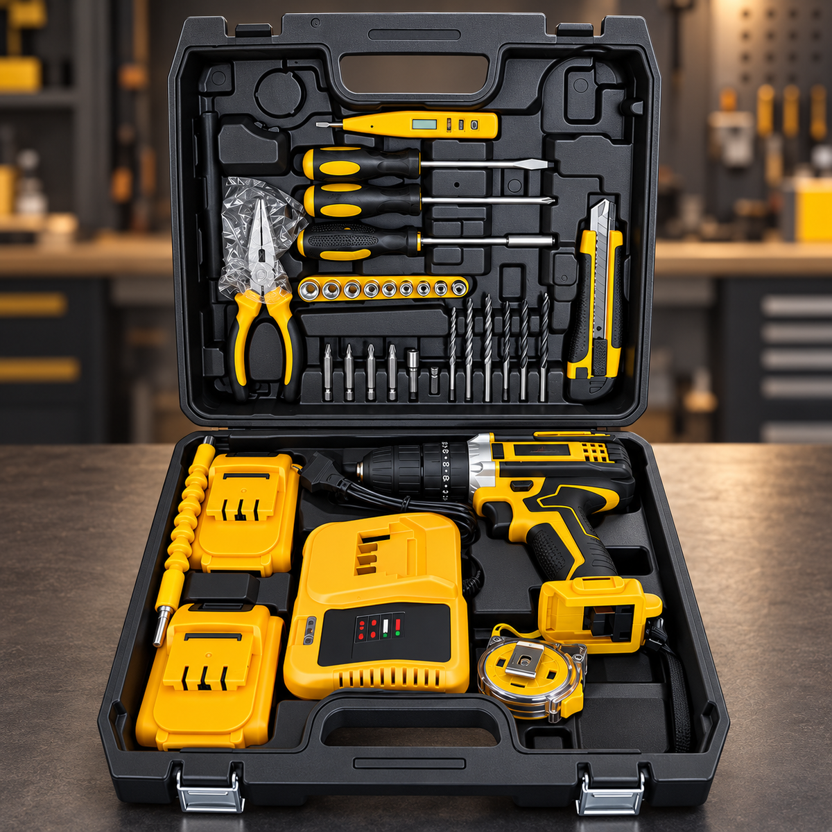 Set mașină de găurit și înșurubat cu acumulator, 2 baterii și accesorii, în trusă completă